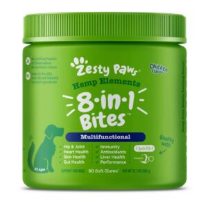 Masticables blandos multifuncionales 8 en 1 Zesty Paws Hemp Elements para perros, sabor a pollo, 90 unidades